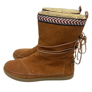 Toms Nepal Faux Fur Lined Aztec Trim Leather Suede Mid Calf Ankle Boots